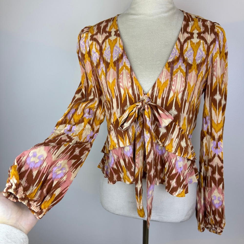 Bar III Womens Boho Ikat Print Tie Front Ruffled Blouse Mustard Brown Size Small